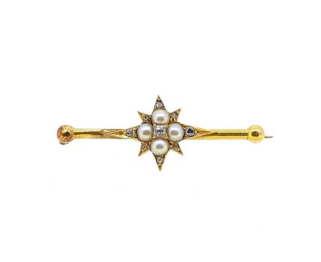 A pearl and diamond star brooch, an eight point star with a central old mine cut diamond, approximate diameter 2.5mm, surroun