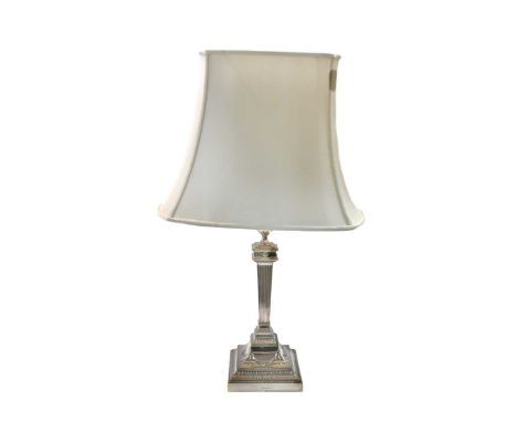 A Victorian silver plated candlestick converted to a table lamp, mark of Walker &amp; Hall, circa 1892, in the Neoclassical s