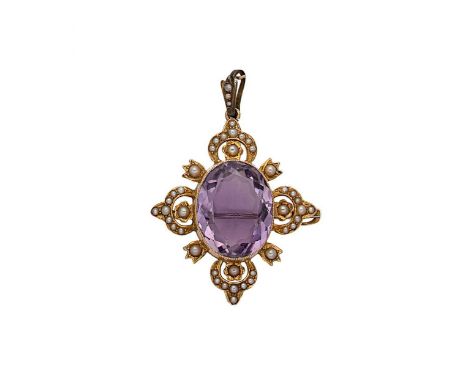An amethyst and split pearl pendant/brooch rubover set oval faceted amethyst, approximately 19.5 x 15.4mm, estimated approxim
