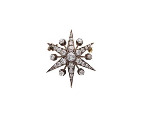 A Victorian diamond star brooch, six pointed star with a central old European cut diamond, approximately 5.4 x 5.35mm, estima