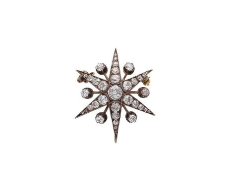 A Victorian diamond star brooch, six pointed star with a central old European cut diamond, approximately 5.4 x 5.35mm, estima