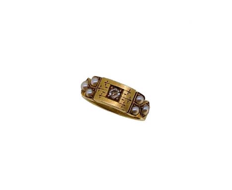 A Victorian diamond and split pearl ring, rectangular engraved panel with a central old cut diamond, flanked by a trefoil of 