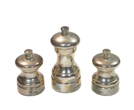 A set of three Elizabeth II silver condiment grinders, retailed by Cole &amp; Mason, all with mark of A. J. Poole, Birmingham