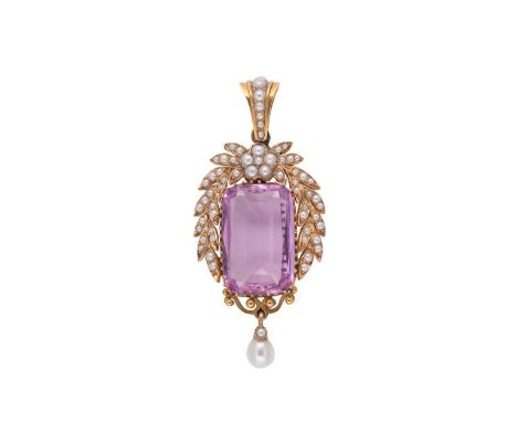 An early 20th century pink topaz and split pearl pendant, claw set rectangular faceted pink topaz, approximately 20.7 x 13.6m