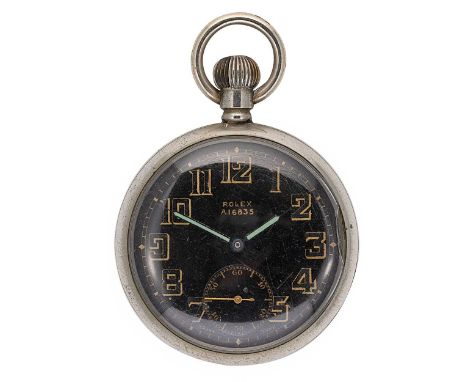 Rolex - A WW2 military issue open faced pocket watch, circa 1940, the signed black dial, 43mm diameter with (originally) lumi