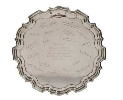 A George V silver salver, mark of Walker &amp; Hall, Sheffield 1930, 'Chippendale' style, the field with presentation engravi