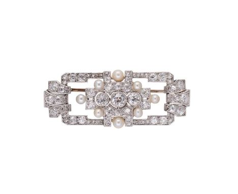 An Art Deco diamond and pearl panel brooch, central rubover set old brilliant cut diamond, approximate diameter 4.6mm, estima