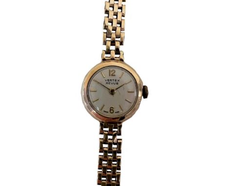 Vertex - A 'Revue' 9ct gold wristwatch, circa 1964, the signed circular silvered dial, 14mm diameter, with gold coloured bato