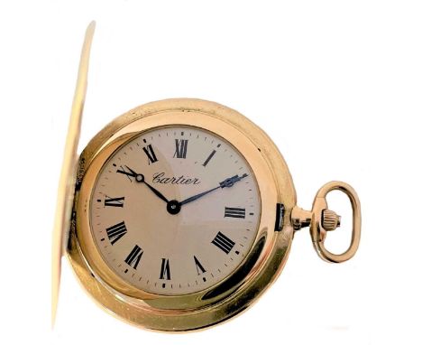 Cartier - An 18ct gold exceptionally slim hunter dress pocket watch, circa 1921, the signed parchment coloured dial, 34mm dia