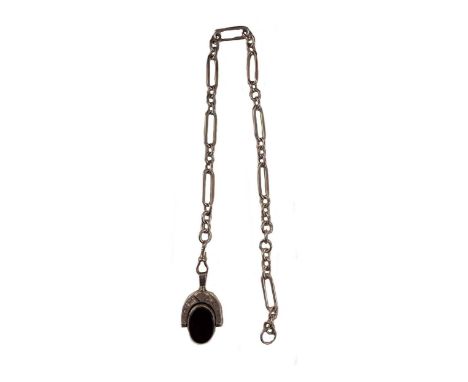 A watch chain with attached swivel fob, uniform 'figaro' link chain, 8mm diameter, stamped 9 167, tests as 9ct gold, terminat