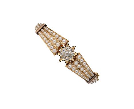A diamond and split pearl hinged bangle, central star motif set with nine old cut diamonds, central old mine cut diamond appr