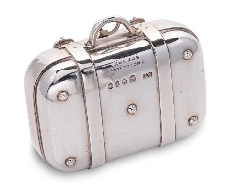 A Victorian silver novelty sewing necessaire, mark of Sampson Mordan, London 1874, in the form of a travelling suitcase with 