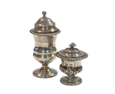 Two George IV silver spice casters, the first with mark of William Fountain, London 1826, of campana form with reeded decorat