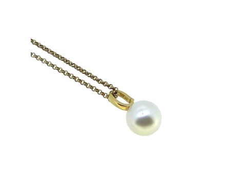 A pearl pendant and chain,  12.8mm cultured pearl, suspended from a plain polished hinged bale, length including bale 2.5cm, 