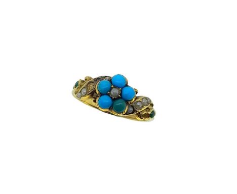 A turquoise and split pearl cluster ring, daisy pearl and turquoise cluster, carved scroll shoulders set with split pearls (2