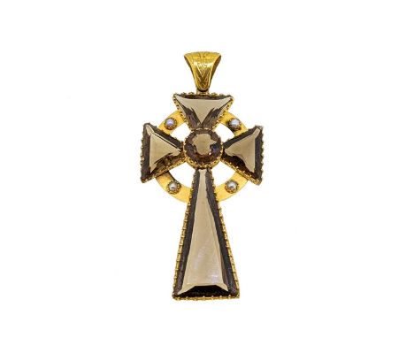 A late Victorian smoky quartz and pearl Iona Celtic cross pendant, central round faceted quartz, approximate diameter 12mm, t