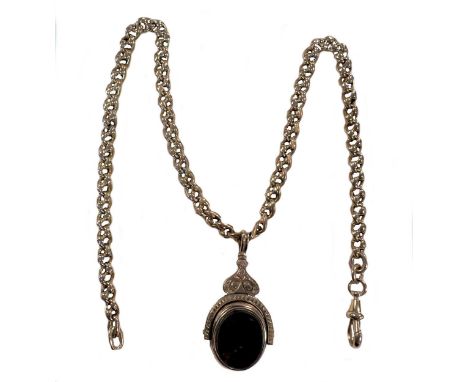 A watch chain with attached swivel fob, uniform 'fancy anchor' link chain, 6mm diameter, apparently unmarked, tests as 9ct go