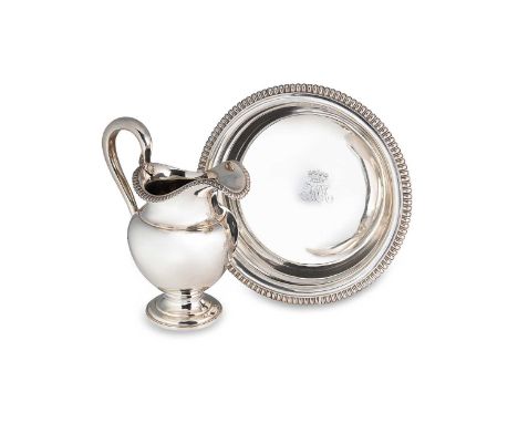 A William IV silver ewer and basin, mark of William Bateman II,  London 1836, the jug of baluster form with gadrooned rim and