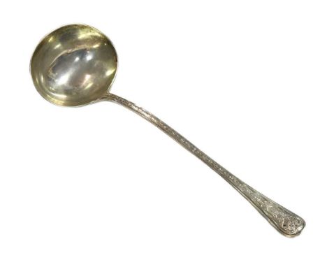 A Victorian silver soup ladle, probable mark of Elizabeth Eaton, London 1849, the handle elaborately decorated to both sides,