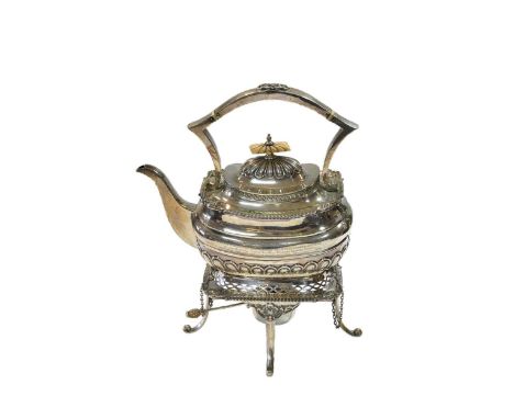 A George V silver spirit kettle and stand, mark of Walker &amp; Hall, Sheffield 1919, the kettle of rectangular half gadroone