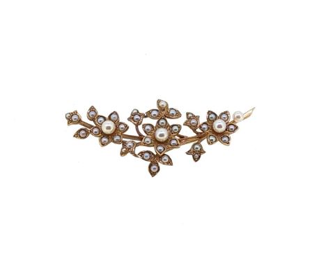Cropp &amp; Far - A late 20th century pearl brooch, floral spray with three flowers, each set with a 4mm pearl, surrounded by