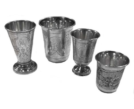 Four Russian metalwares silver vodka tumblers, all with 84 zolotniki mark for 875/1000 standard silver; the first, maker's ma