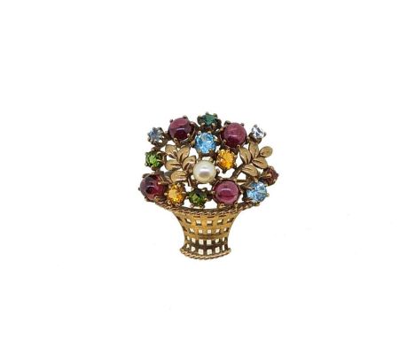 A multi gemset giardinetto brooch, formed as flowerheads with claw set round faceted gemstones and one 5mm pearl, carved leav