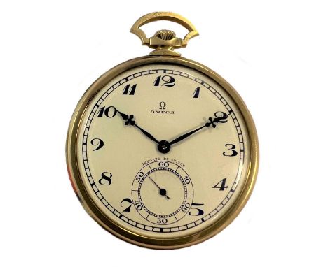 Omega - A Swiss 18ct gold open faced dress pocket watch, circa 1923, the signed cream coloured dial, 37mm diameter, additiona