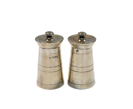 A pair of Elizabeth II silver novelty condiment grinders, mark of J. B. Chatterley &amp; Sons Ltd., Birmingham 1979, each mod