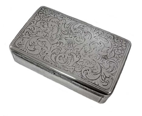 A (probably) late 19th century snuffbox, apparently unmarked, tests as silver, of rectangular form, the sides and underside w