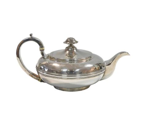 A George IV silver teapot, mark of Joseph Angell I, London 1824, of squat circular form with reeded waist, part marked piano 