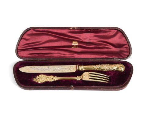 A Victorian silver gilt cased presentation fork and knife, a possible gift to Prince Albert, the fork with mark of Chawner & 