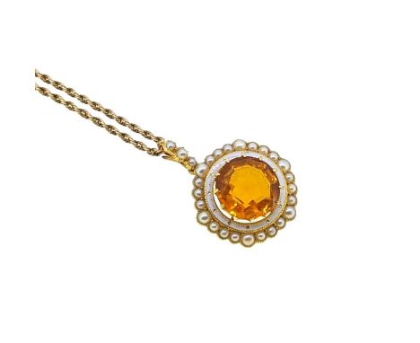 A citrine, pearl and enamel pendant and chain, circular pendant with a central claw set round faceted citrine, approximate di