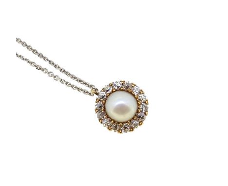 A pearl and diamond pendant and chain, central 9mm pearl, surrounded by fourteen old mine cut diamonds, estimated approximate