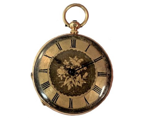 Unsigned - An open faced pocket watch, circa 1860, the engine turned dial with floral inner, 34mm diameter, black Roman numer