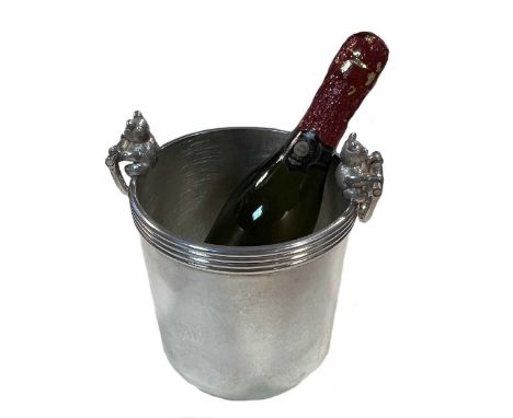 § Martyn Pugh - A silver miniature ice bucket with champagne bottle, Birmingham 1995, of cylindrical form with reeded rim on 