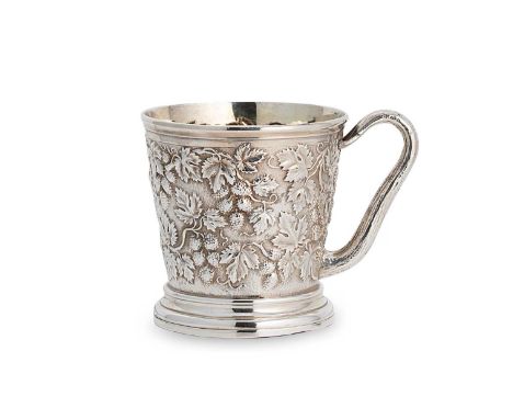 A Victorian silver christening mug, mark of John Samuel Hunt, London 1846, the tapering sides lavishly decorated with repouss