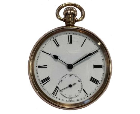 Unsigned - A 9ct gold open faced pocket watch, circa 1930, the white dial, 42mm diameter, with black Roman numerals, blued sp