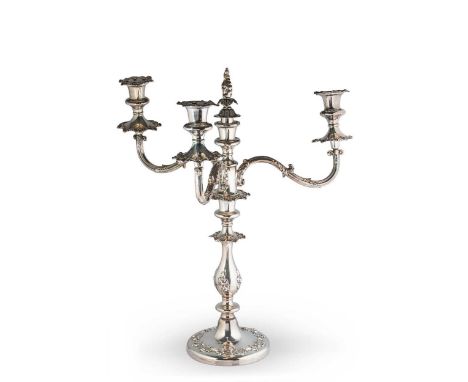 A (probably) late 19th century silver plated 3 light candelabra, apparently unmarked, circular loaded base with applied shell