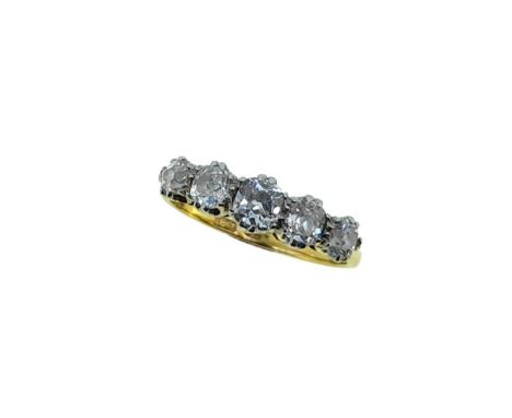 A five stone diamond ring, graduating claw set old mine cut diamonds, length from 3 to 4.3mm, estimated approximate total wei