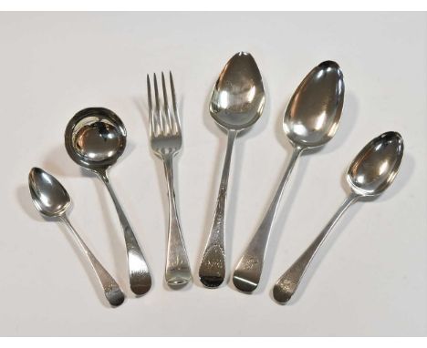 A 21-piece harlequin set of George III and later silver flatware, 'Old English' pattern, London marked, some crested, others 