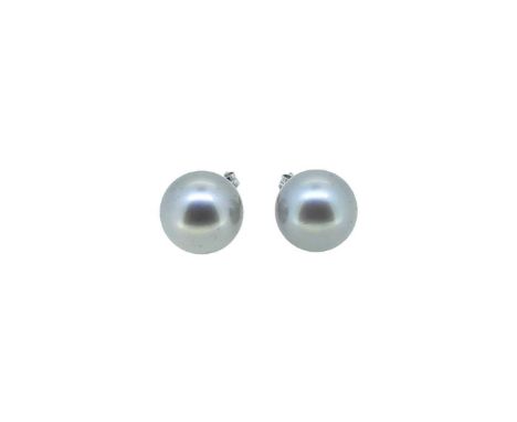 A pair of Tahitian cultured pearl ear studs, 11mm pale grey Tahitian pearls, post and scroll fittings, unhallmarked, scrolls 