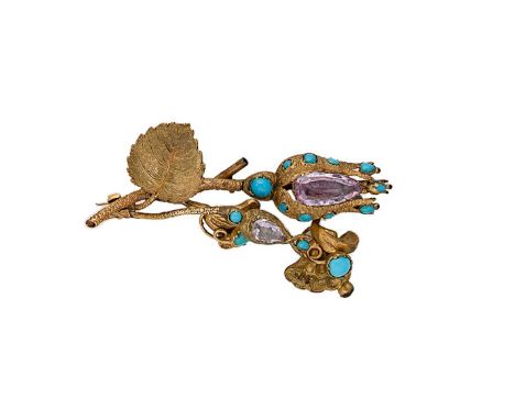 A 19th century topaz and turquoise floral brooch, two pear shaped foil backed topaz, further set with oval and round cabochon