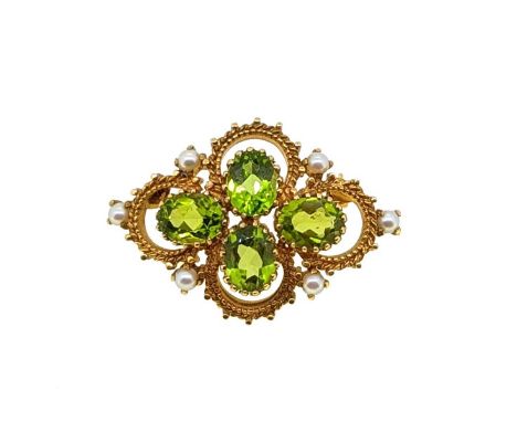 A late 20th century peridot and pearl brooch, four oval faceted peridots approximately 9 x 7mm, rope style border with six 3m