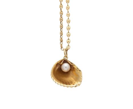 A modern cultured pearl pendant and chain, oyster shell set with a 9mm cultured pearl, verso, realistically textured, jump ri