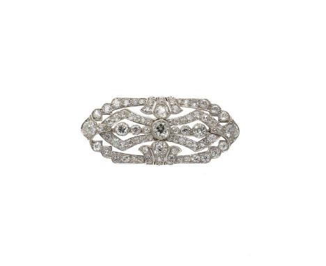 An Art Deco diamond set panel brooch, pierced geometric design with a central rubover set old European cut diamond, approxima