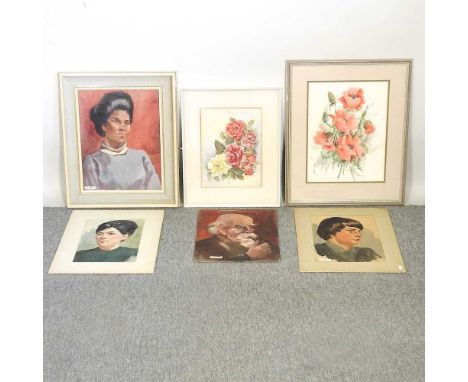 Wynne Ludlow, 20th century, portrait of a lady, watercolour, unframed, 31 x 25cm, together with five others by the same hand 