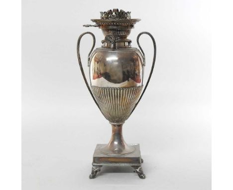An early 20th century silver plated Hinks and Son oil lamp base, 37cm high