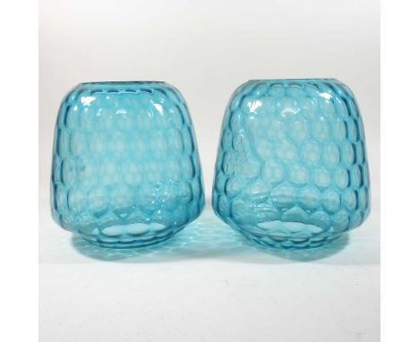 A pair of blue glass oil lamp shades, each of tapered shape, with dimpled decoration, 20cm high (2)Condition report: 10cm ape