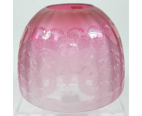 A red glass oil lamp shade, etched with moths and scrolls, 17cm highCondition report: 10cm aperture. No visible cracks or chi